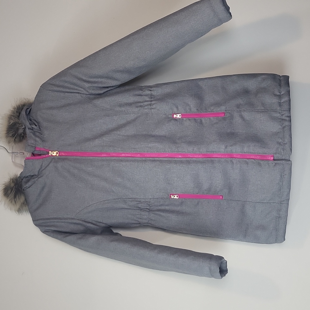 CAT & JACK Gray Hot Pink Full Zip Winter Coat with Removable Faux Fur Hood